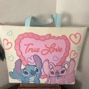 Loungefly Stitch & Angel True Love Heart Tote - Cream and Pink